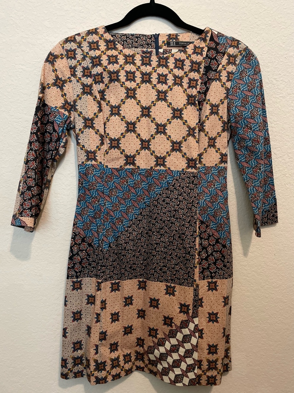 Zara Trafaluc Patchwork-Print Long Sleeve Dress in Beige and Blue